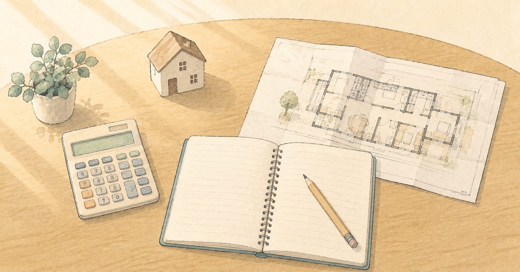 電卓とノートで長期優良住宅の費用を計算するイラスト