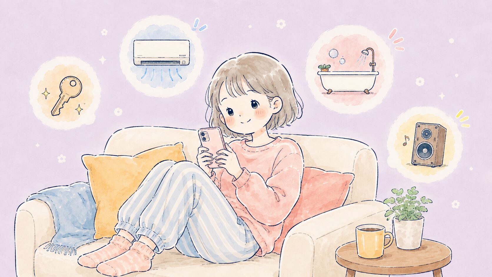 セサミ・SwitchBot・Google Nestを紹介するスマートホームのイラスト